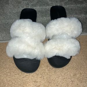 Two strap white fur sandals